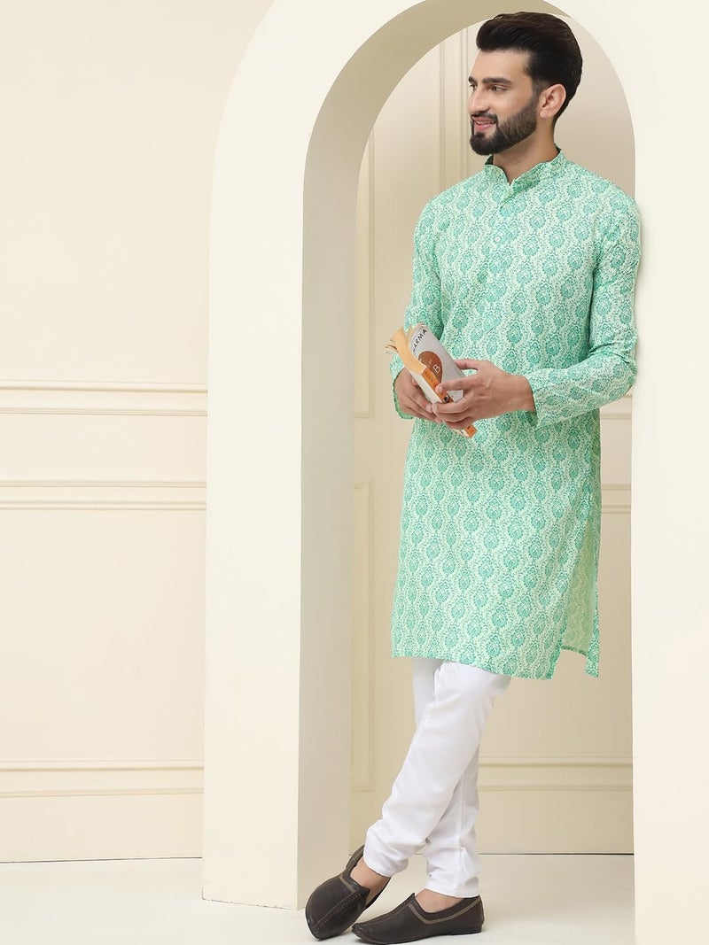 SOJANYA (Since 1958 Men's Silk Blend Pista Green Self design Kurta and White Churidar Pyjama Set - Image 2