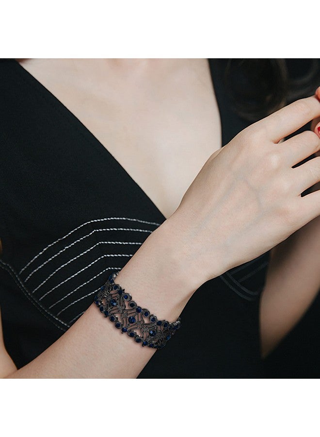 BriLove Wedding Bridal Women'S Round Crystal Bangle Diamond Stretch Tennis Bracelet Navy Blue Black-Tone - Image 2