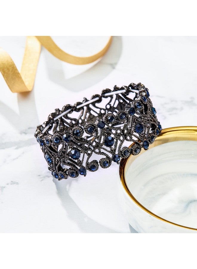 BriLove Wedding Bridal Women'S Round Crystal Bangle Diamond Stretch Tennis Bracelet Navy Blue Black-Tone - Image 5