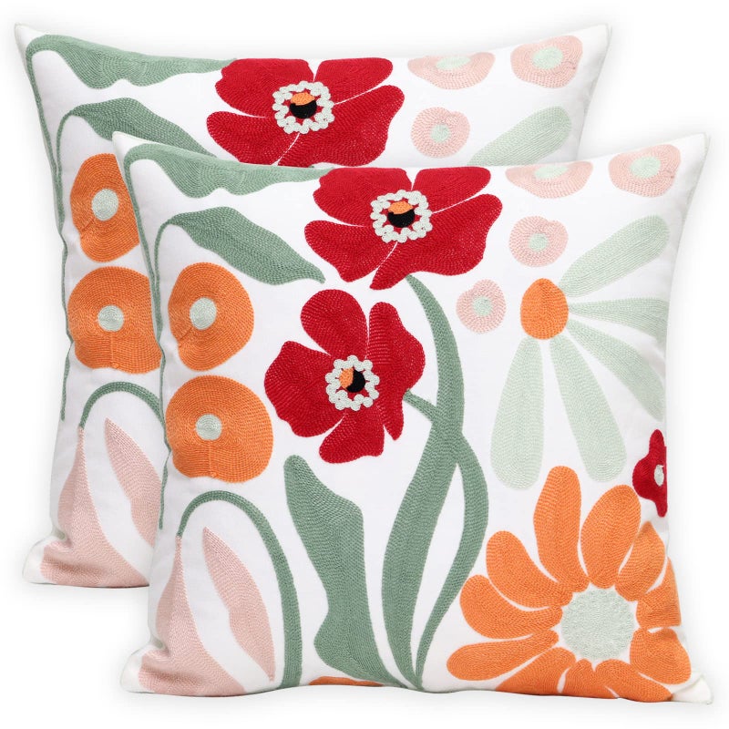 Pilmandu Pack of 2 Embroidered Decorative Throw Pillow Cover 18x18 Inch Farmhouse Floral Pillowcase for Living Room Sofa Bed (Romantic Flower) - Image 1