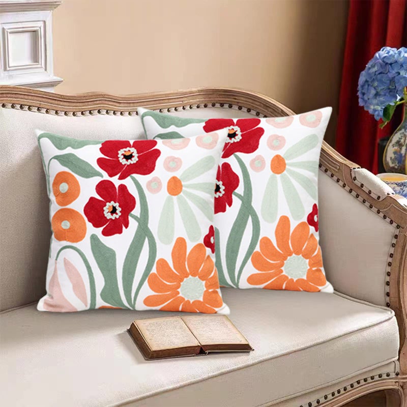 Pilmandu Pack of 2 Embroidered Decorative Throw Pillow Cover 18x18 Inch Farmhouse Floral Pillowcase for Living Room Sofa Bed (Romantic Flower) - Image 2