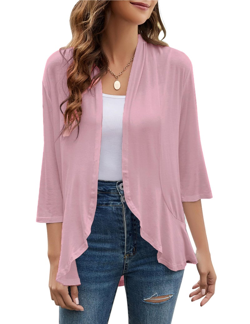 Yekaty Pink Cardigan for Women Open Front 3/4 Sleeve Lightweight Summer Plus Size Cardigans Shrugs - Image 1
