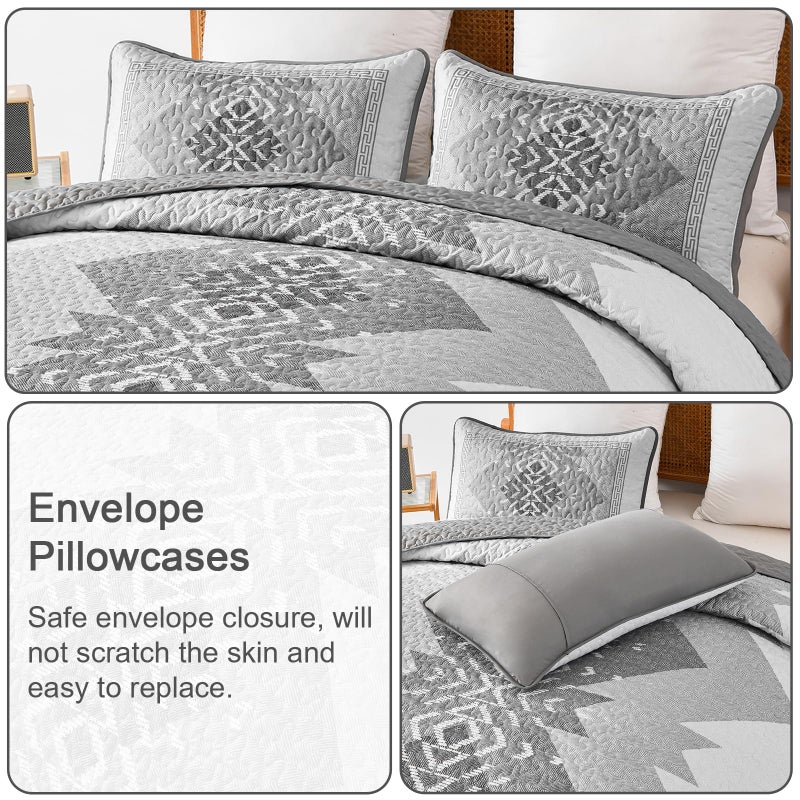 Dintszyayue Boho Quilt Set King Size 3 Pieces Grey Aztec King Quilt Set Bohemian Bedspread Coverlet Set Soft Microfiber Lightweight Bedding Set with 2 pillowcases Gray Quilt Set for All Season 90"x103" - Image 5