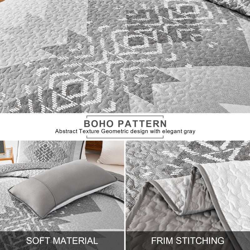 Dintszyayue Boho Quilt Set King Size 3 Pieces Grey Aztec King Quilt Set Bohemian Bedspread Coverlet Set Soft Microfiber Lightweight Bedding Set with 2 pillowcases Gray Quilt Set for All Season 90"x103" - Image 4
