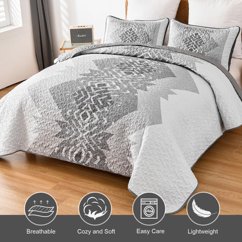 Dintszyayue Boho Quilt Set King Size 3 Pieces Grey Aztec King Quilt Set Bohemian Bedspread Coverlet Set Soft Microfiber Lightweight Bedding Set with 2 pillowcases Gray Quilt Set for All Season 90"x103" - Image 3