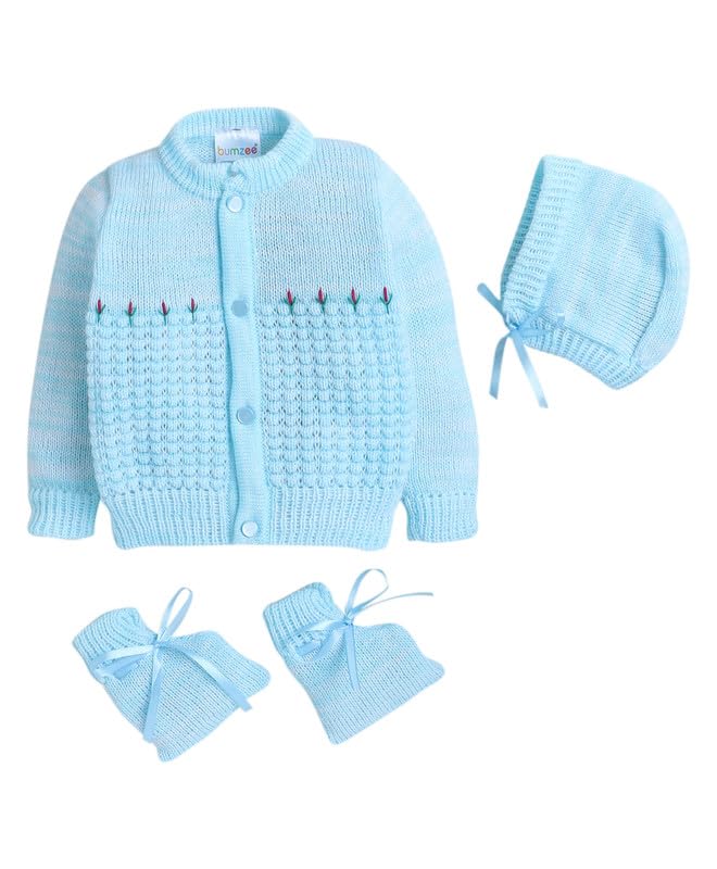 BUMZEE Aqua Baby Boys Full Sleeves Woolen Sweater with Cap & Socks Age - 6-12 Months (Peb10064D-abl) - Image 1