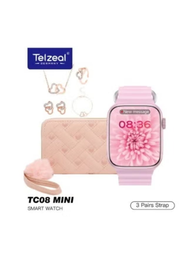 Telzeal TC 08 Mini Smart Watch for Ladies in Pink – Stylish Digital Watch Gift Set with 3 Interchangeable Straps, Elegant Handbag, Matching Earrings, Ring & Necklace Chain – Fashionable Combo Set for Women – Ideal Gift for Birthdays, Eid, Anniversaries & Daily Wear  - Image 2