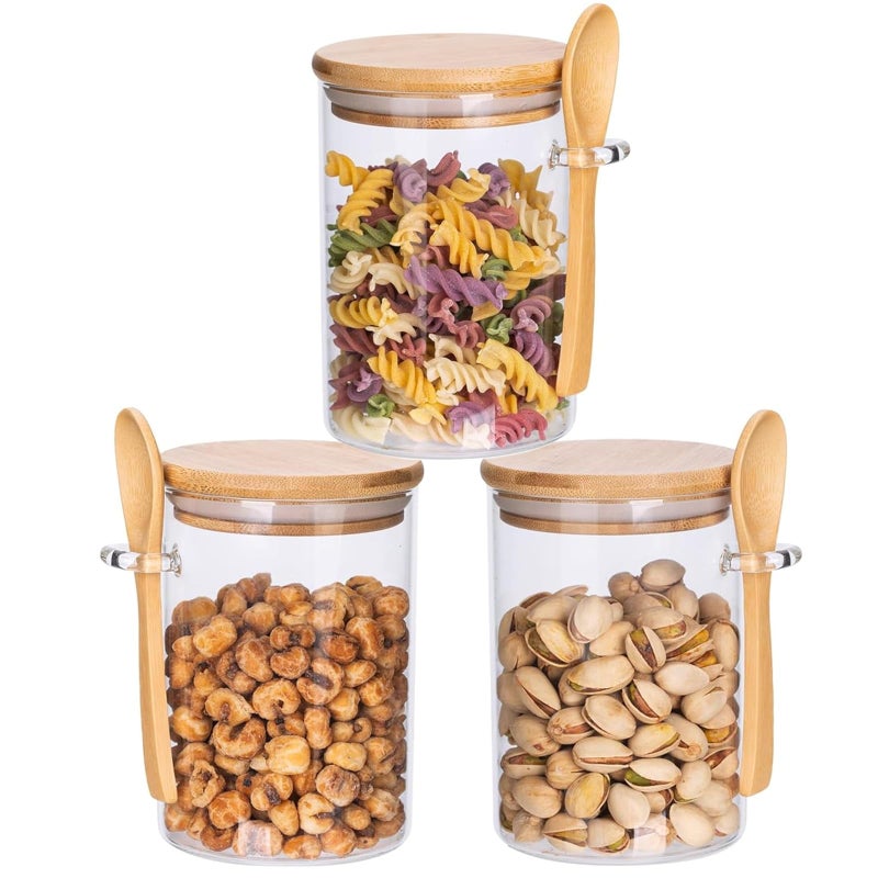 Sagreeny Set of 3 Round Airtight Glass Jars with Bamboo Lids and Spoons, 22Oz/650ml Glass Food Storage Jars Container for Coffee, Beans, Tea, Flour, Sugar, Nuts, Candy, Bath Salts & More - Image 1