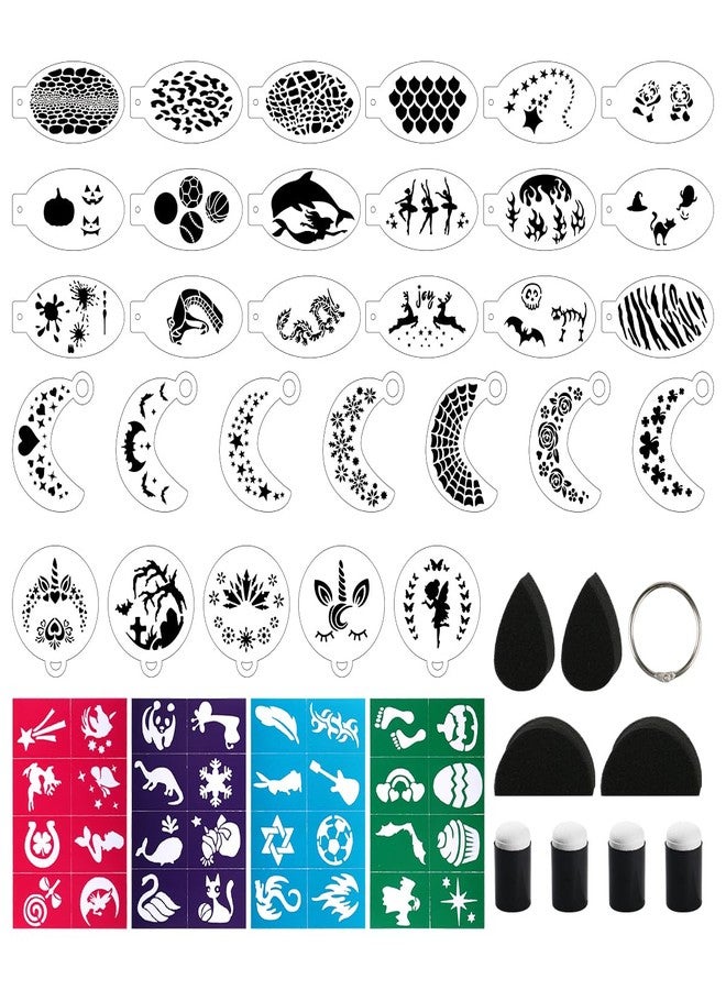 Bowitzki face Paint Stencils Kit with Sponges,30 reusable face paint stencils & 32 stencil stickers,6 pcs sponges for Body Face Painting Halloween Christmas Makeup - Image 1