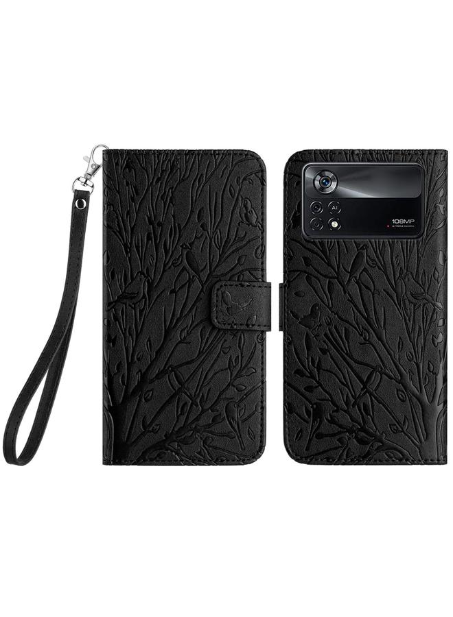 The Bros Case For Xiaomi Poco X4 Pro 5G Tree Birds Embossed Pattern Leather Phone Case