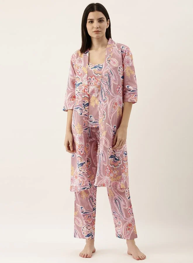 sanskrutihomes Pack of 3 - Cotton Paisley Print Cami, Pyjama & Robe by Styli