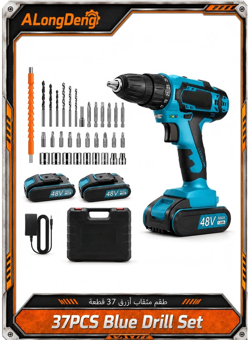 ALongDeng 48V Cordless Drill Set with 37PCS Accessories, Electric Drill Driver Kit with Dual Battery, 2-Speed Power Drill Machine, 3/8" Keyless Chuck, LED Light, Adjustable Torque, Home DIY Repair Tool Kit - Image 1