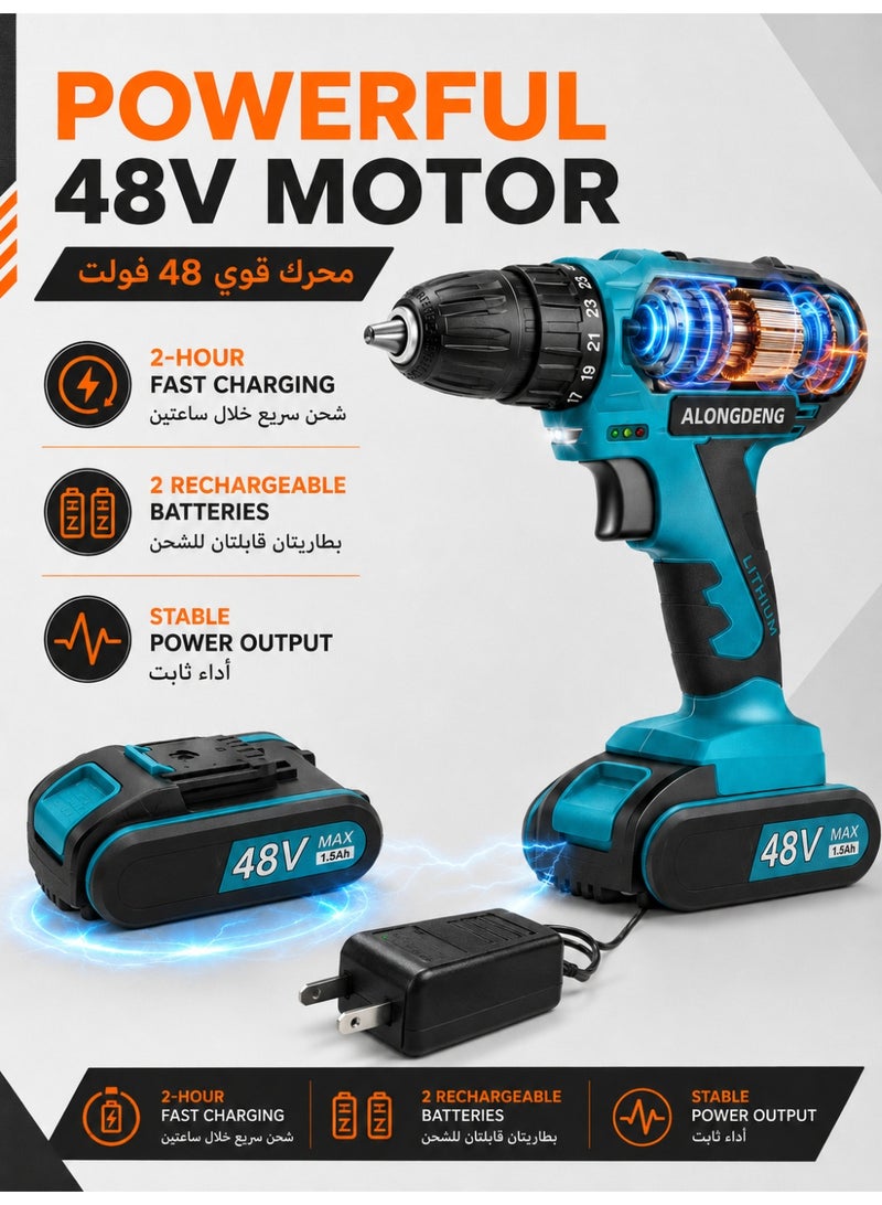 ALongDeng 48V Cordless Drill Set with 37PCS Accessories, Electric Drill Driver Kit with Dual Battery, 2-Speed Power Drill Machine, 3/8" Keyless Chuck, LED Light, Adjustable Torque, Home DIY Repair Tool Kit - Image 2
