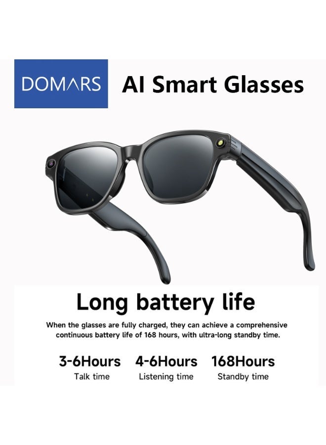 Domars AI Smart Glasses with Camera and Audio, 800W HD Camera Glasses for Men/Women with Speakers/Bluetooth 5.4 & Languages Translation Sports/Travel/Drive/Meetings (Black Lenses) - Image 1