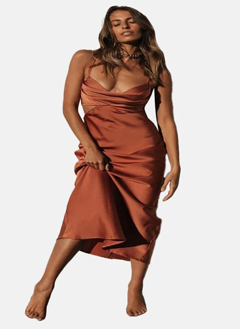 يونيكي Brown Shoulder Straps Maxi Sheath Dress