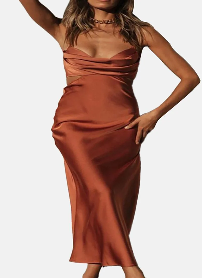 يونيكي Brown Shoulder Straps Maxi Sheath Dress