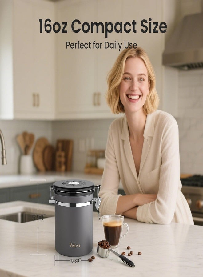 Veken Coffee Canister, Airtight Stainless Steel Kitchen Food Storage Container with Date Tracker and Scoop for Beans, Grounds, Tea, Flour, Cereal, Sugar, 16OZ, Gray - Image 2