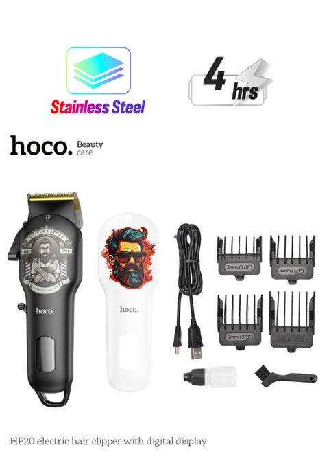 HOCO HP20 Professional Digital Hair Clipper Cordless Hair Care Rechargeable Hair Trimmer with 4 Guide Combs, LED Display, 4 Hours Hours Working Time and Steel Blade