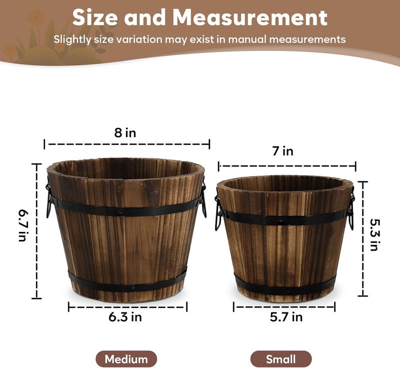 HAKKART Wooden Barrel Planters, 8 inch 7 inch Plant Pot with Drainage Holes for Indoor Plants Decor, Set of 2 - Image 2