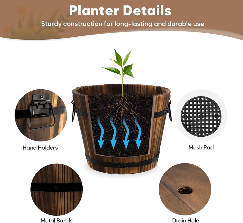 HAKKART Wooden Barrel Planters, 8 inch 7 inch Plant Pot with Drainage Holes for Indoor Plants Decor, Set of 2 - Image 4
