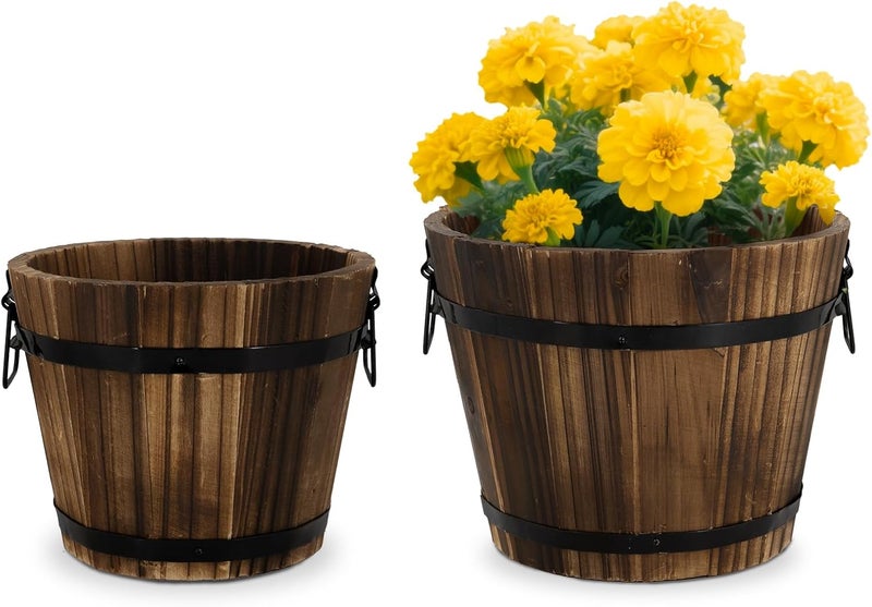 HAKKART Wooden Barrel Planters, 8 inch 7 inch Plant Pot with Drainage Holes for Indoor Plants Decor, Set of 2 - Image 1