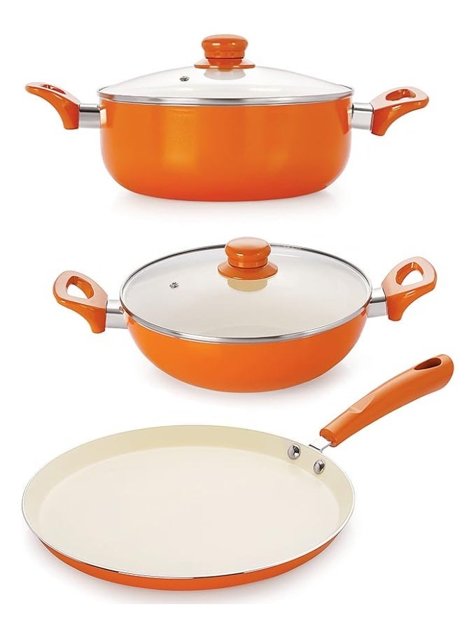 NIRLON New 4 Layer Reinforced Ceramic Non-stick Scratch Resistant Coating Tawa, Casserole and Pots set with Induction base & Glass Lid, Metal Spoon Friendly Aluminum Cookware Pans & Pot combo Sets (Tawa, Kadhais, Casserole) Orange Colour - Image 1