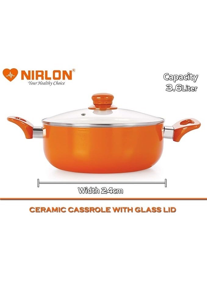 NIRLON New 4 Layer Reinforced Ceramic Non-stick Scratch Resistant Coating Tawa, Casserole and Pots set with Induction base & Glass Lid, Metal Spoon Friendly Aluminum Cookware Pans & Pot combo Sets (Tawa, Kadhais, Casserole) Orange Colour - Image 2