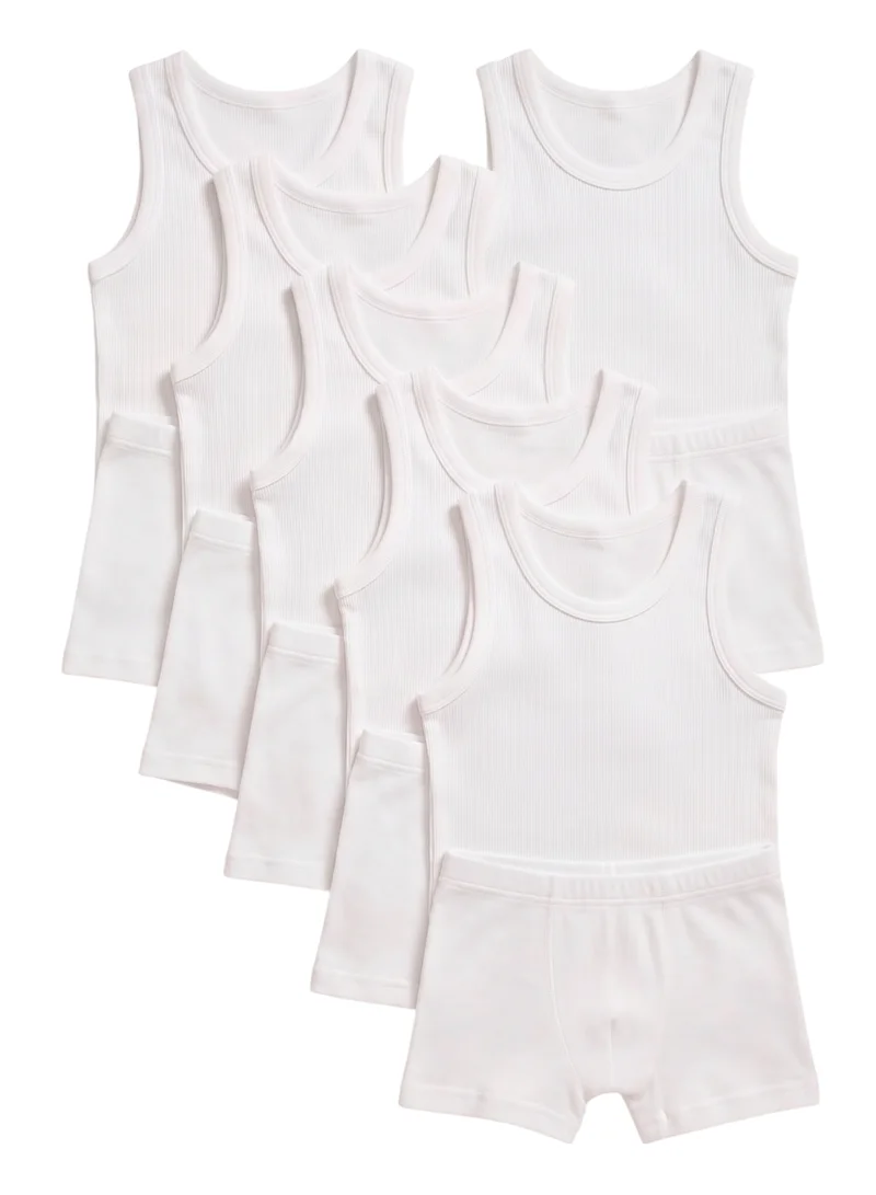Bidani Boys’ 6-Piece Ribbed Cotton Tank Top and Boxer Brief Underwear Set – White
