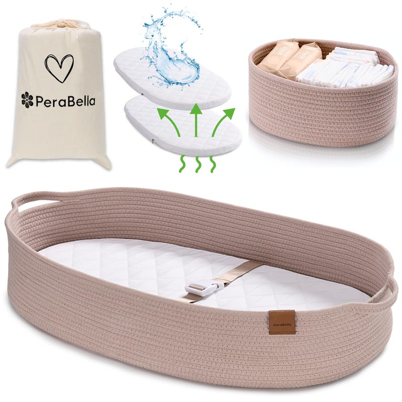 PeraBella PeraBella XL Baby Changing Basket for Dresser Top Moses Baskets for Newborn Portable Baby Diaper Changing Pad Table Topper for Dresser Moses Bassinet Mat with Waterproof Pad Cover and Diaper Caddy