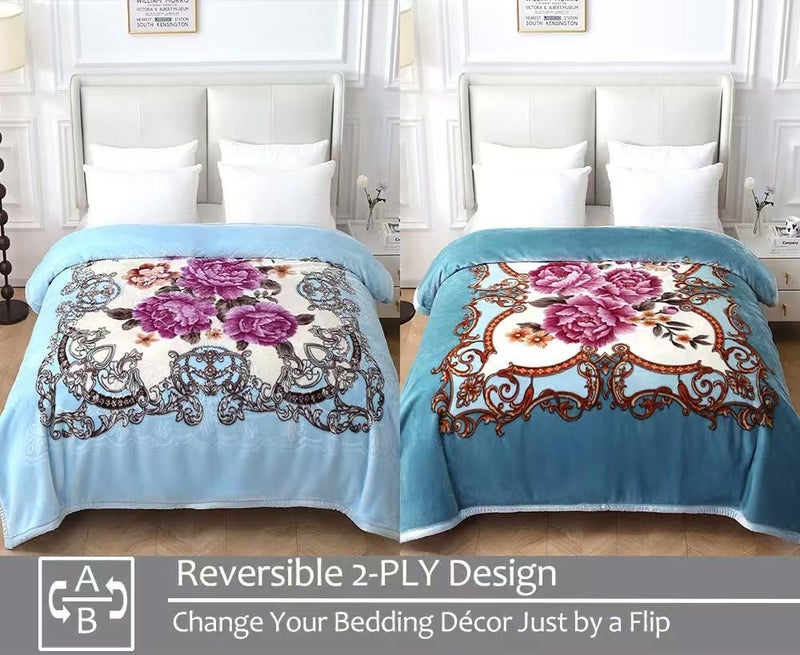 Jyk Korean Style Mink Fleece Blanket Queen Size 75"" X 87""  5 Pounds - 2 Ply Reversible Silky Soft Plush Warm  Comfy Blanket For Spring Autumn  Winter As Home Decor - Blue/Purple Peony - Image 3