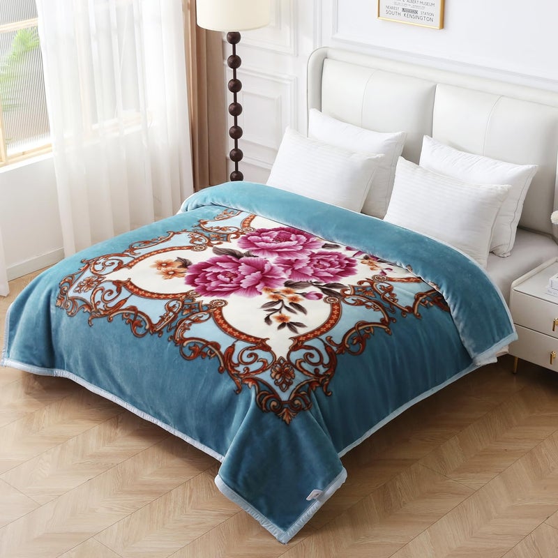 Jyk Korean Style Mink Fleece Blanket Queen Size 75"" X 87""  5 Pounds - 2 Ply Reversible Silky Soft Plush Warm  Comfy Blanket For Spring Autumn  Winter As Home Decor - Blue/Purple Peony - Image 2