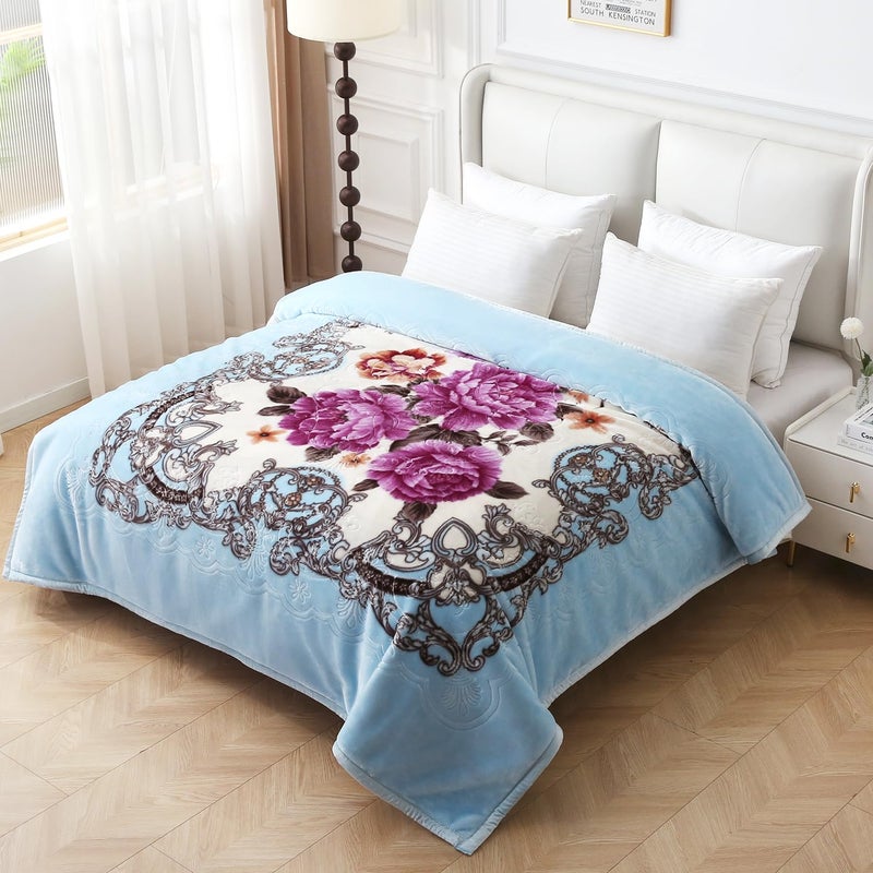Jyk Korean Style Mink Fleece Blanket Queen Size 75"" X 87""  5 Pounds - 2 Ply Reversible Silky Soft Plush Warm  Comfy Blanket For Spring Autumn  Winter As Home Decor - Blue/Purple Peony - Image 1