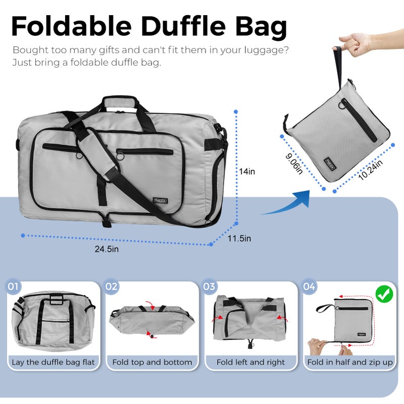 Fmeida 65L Duffle Bag with Shoes Compartment, Foldable Travel Duffel Bags for Men Women, Large Packable Travel Bag Water Repellent & Tear Resistant (Light Gray) - Image 3