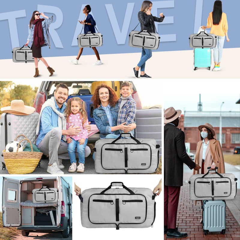 Fmeida 65L Duffle Bag with Shoes Compartment, Foldable Travel Duffel Bags for Men Women, Large Packable Travel Bag Water Repellent & Tear Resistant (Light Gray) - Image 2