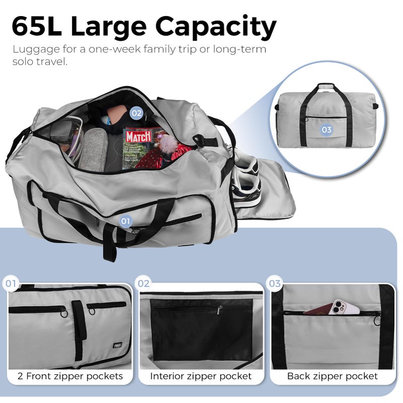 Fmeida 65L Duffle Bag with Shoes Compartment, Foldable Travel Duffel Bags for Men Women, Large Packable Travel Bag Water Repellent & Tear Resistant (Light Gray) - Image 4