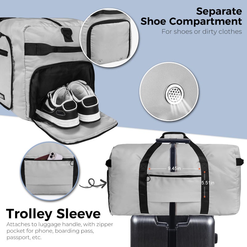 Fmeida 65L Duffle Bag with Shoes Compartment, Foldable Travel Duffel Bags for Men Women, Large Packable Travel Bag Water Repellent & Tear Resistant (Light Gray) - Image 5