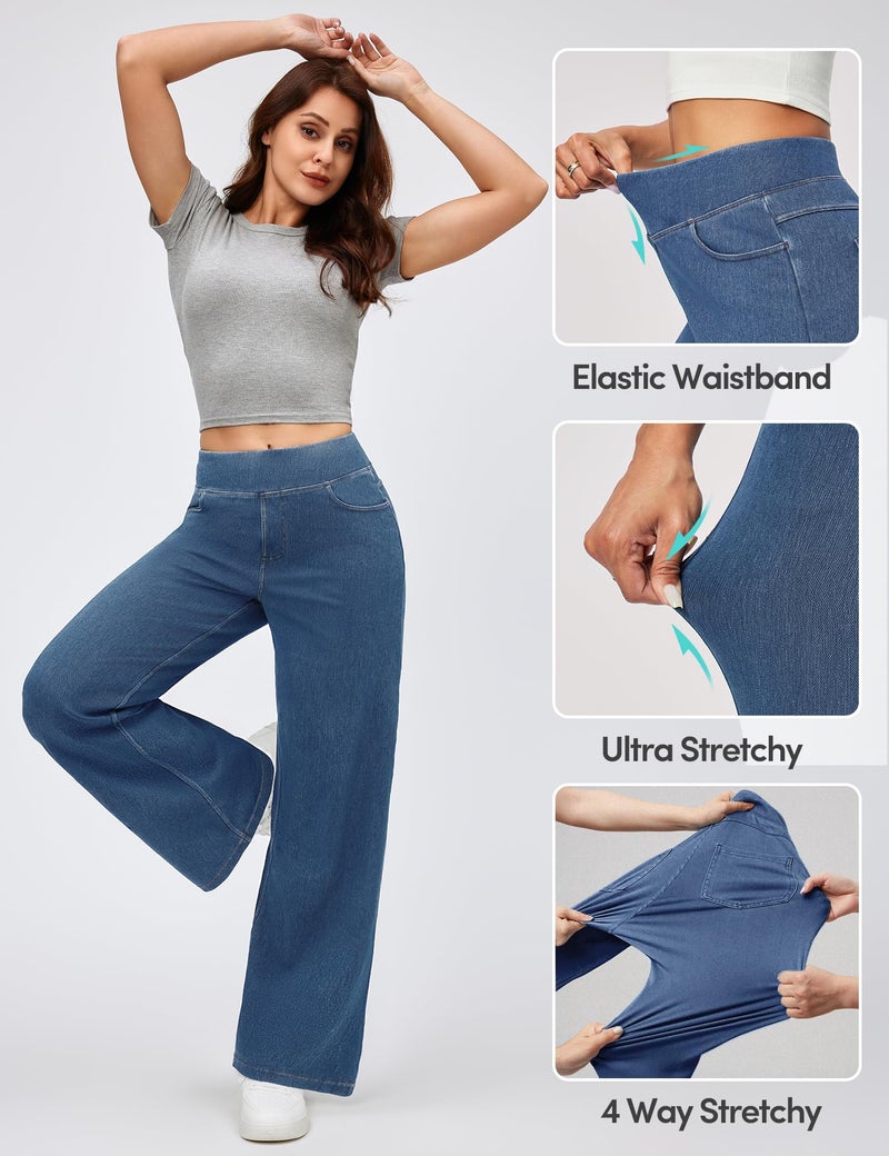 IUGA Wide Leg Jeans Woman High Waisted Pull On Baggy Jeans for Women Stretchy Trendy Womens Jean Straight Casual Denim Pants Light Blue - Image 3