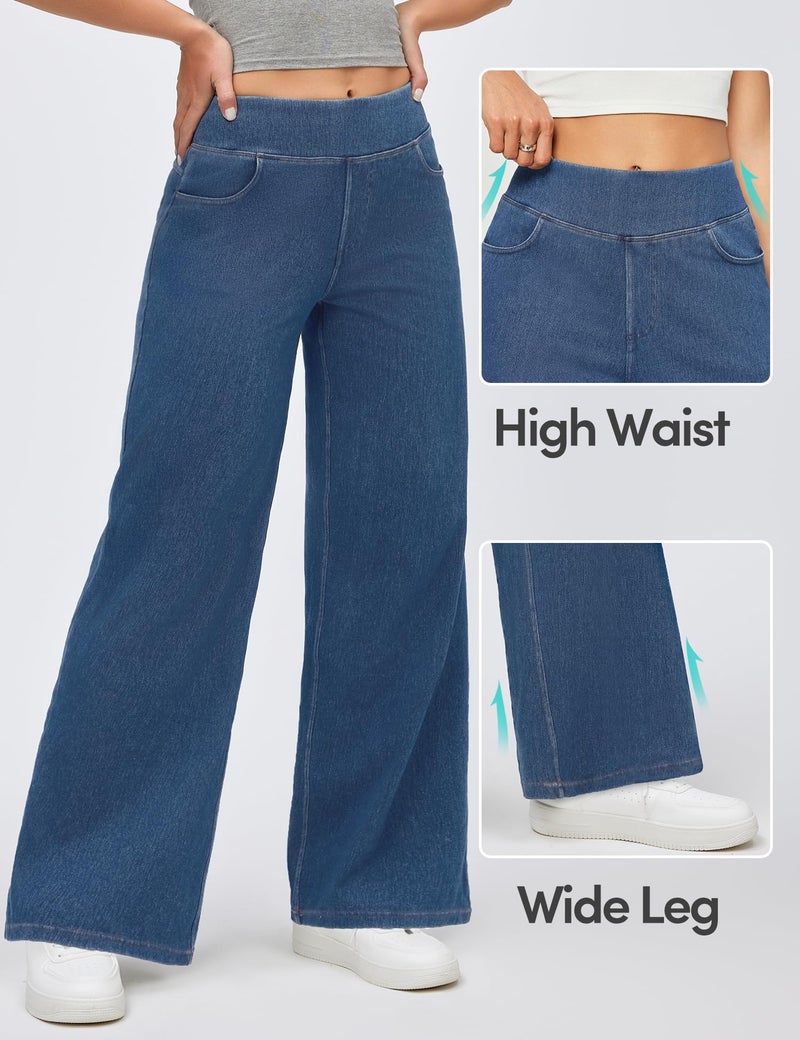 IUGA Wide Leg Jeans Woman High Waisted Pull On Baggy Jeans for Women Stretchy Trendy Womens Jean Straight Casual Denim Pants Light Blue - Image 4