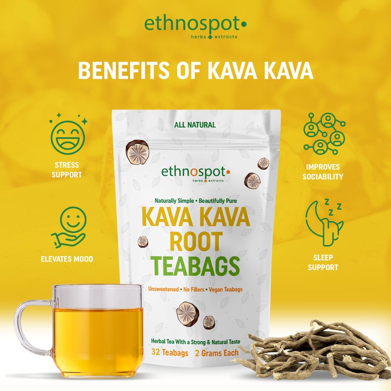 Ethnospot Kava Kava Root Teabags - Kava Kava Tea Pure - 100% Natural Herbal Tea for Stress Support Relaxation Improves Mood and Nervous System - Feel Happy Tea - 2 Gram Teabags - 32 Vegan Teabags - Image 2