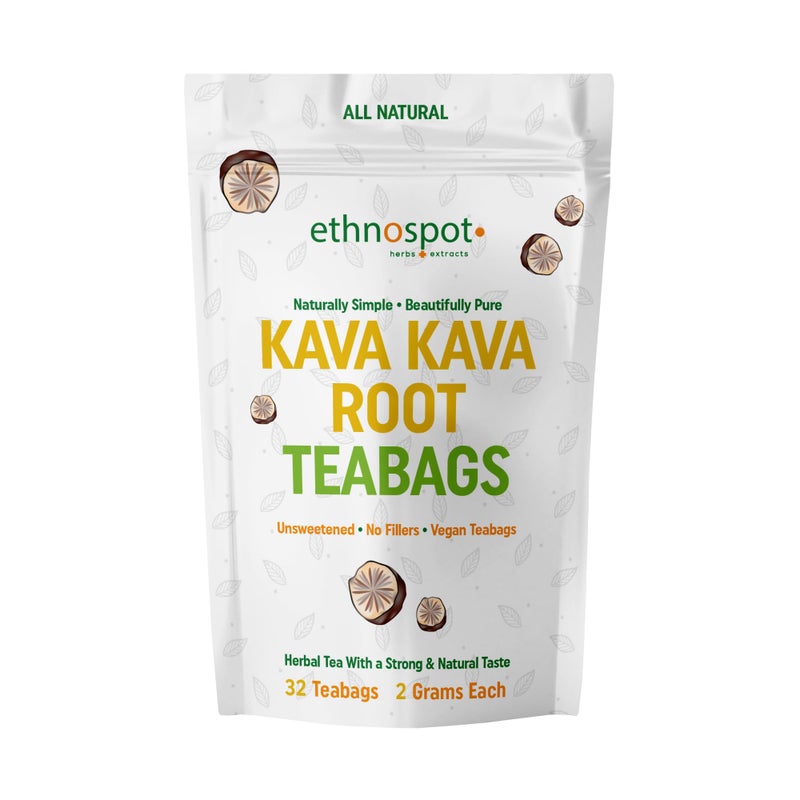 Ethnospot Kava Kava Root Teabags - Kava Kava Tea Pure - 100% Natural Herbal Tea for Stress Support Relaxation Improves Mood and Nervous System - Feel Happy Tea - 2 Gram Teabags - 32 Vegan Teabags - Image 1