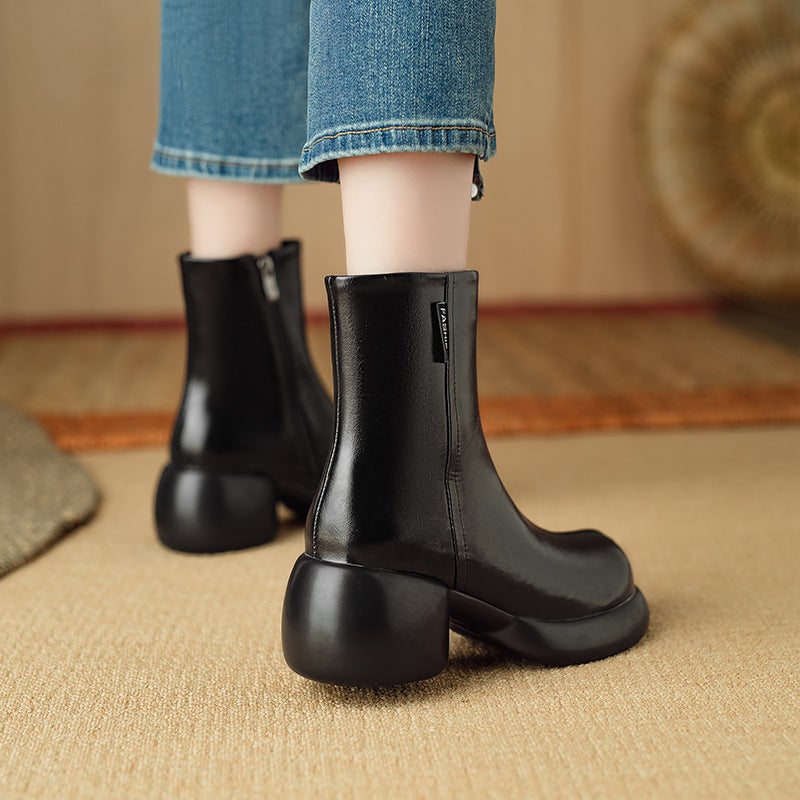 Wish 2024 Fashion High-Heeled Boots 32-43 Joker Round Head Low Barrel Martin Boots Women - Image 3