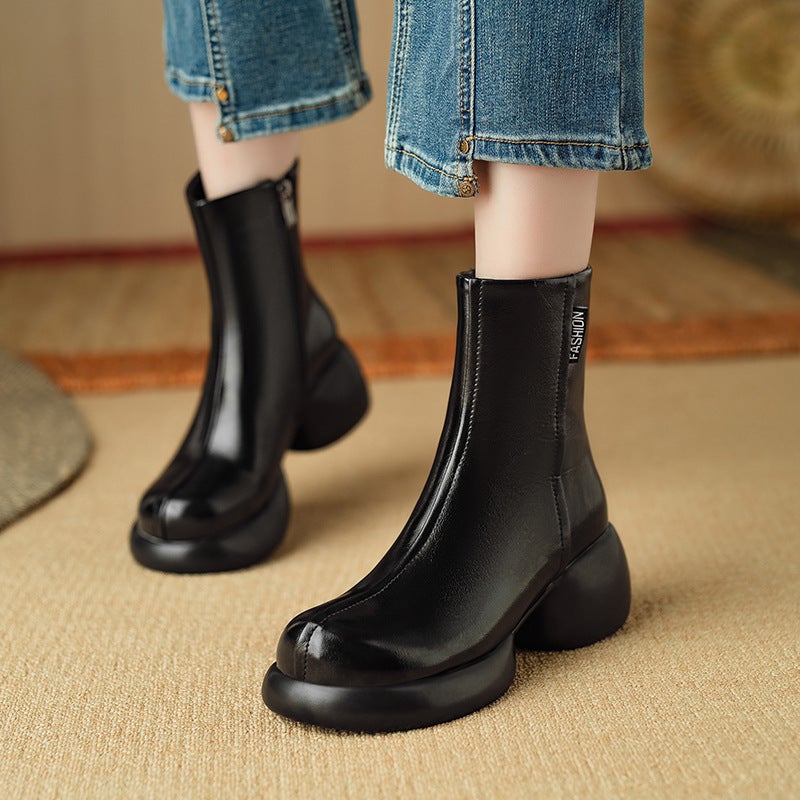 Wish 2024 Fashion High-Heeled Boots 32-43 Joker Round Head Low Barrel Martin Boots Women - Image 2