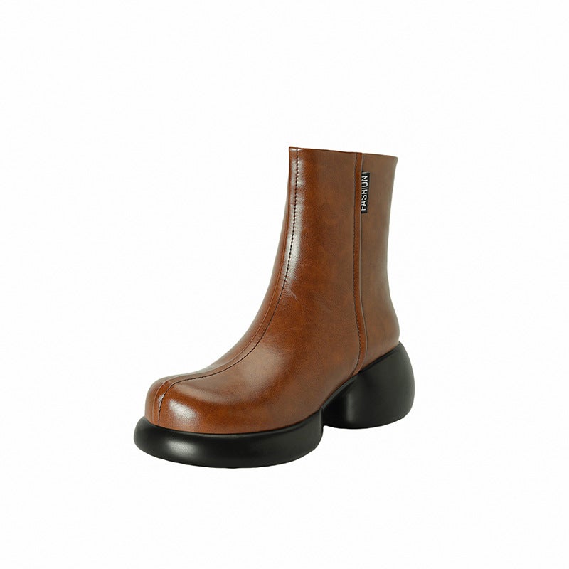 Wish 2024 Fashion High-Heeled Boots 32-43 Joker Round Head Low Barrel Martin Boots Women - Image 1