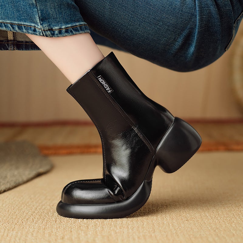 Wish 2024 Fashion High-Heeled Boots 32-43 Joker Round Head Low Barrel Martin Boots Women - Image 4