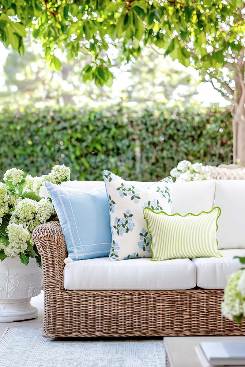 Hofdeco Premium Coastal Patio Indoor Outdoor Throw Pillow Cover Only, 20"x20" Water Repellent for Backyard, Couch, Baby Blue Print Hydrangea Flower - Image 3