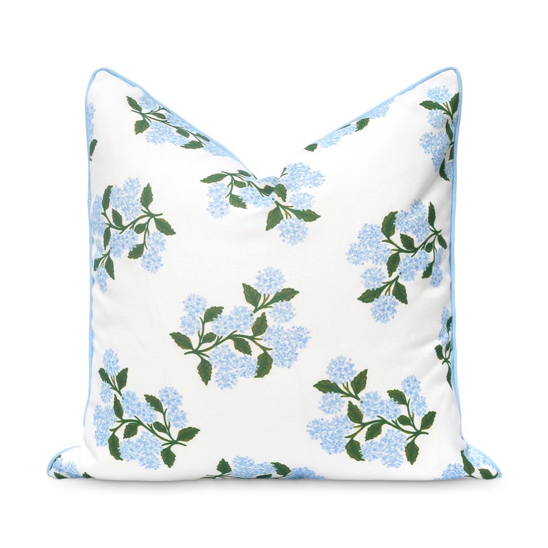 Hofdeco Premium Coastal Patio Indoor Outdoor Throw Pillow Cover Only, 20"x20" Water Repellent for Backyard, Couch, Baby Blue Print Hydrangea Flower - Image 1