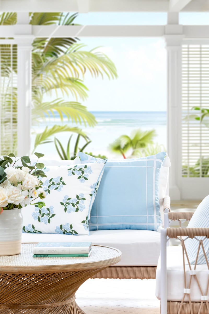 Hofdeco Premium Coastal Patio Indoor Outdoor Throw Pillow Cover Only, 20"x20" Water Repellent for Backyard, Couch, Baby Blue Print Hydrangea Flower - Image 2