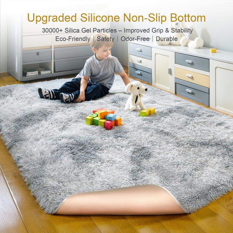 KICHOWUA Thick Area Rug Light Grey Fluffy 4x6 for Bedroom, Soft Shag Comfy Washable Rug for Living Room Dorm Kids Baby Nursery, Plush Shaggy Non-Slip Fuzzy Carpet, Tie Dye Gray - Image 4