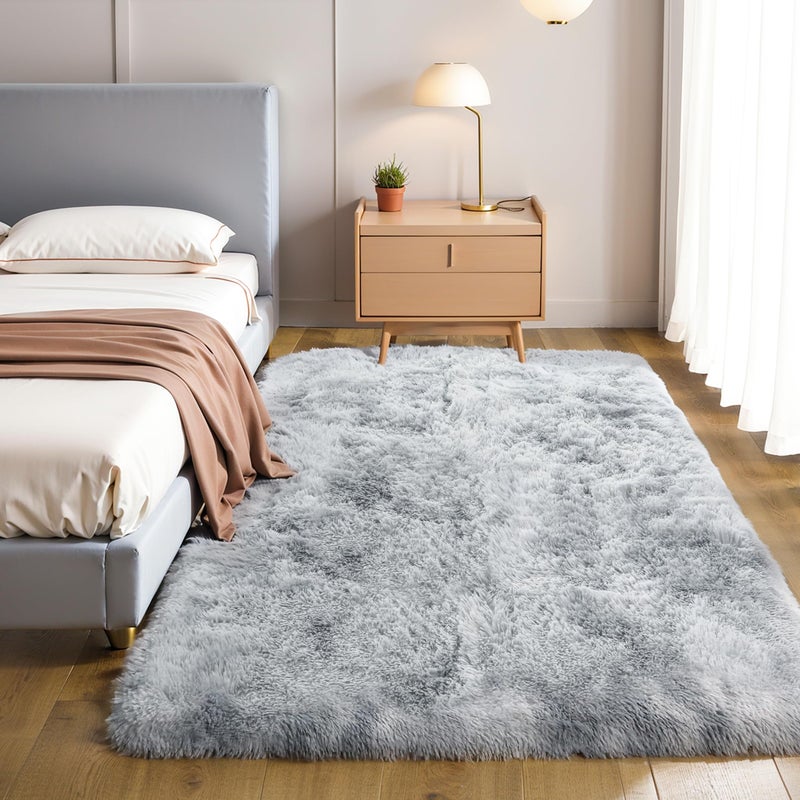 KICHOWUA Thick Area Rug Light Grey Fluffy 4x6 for Bedroom, Soft Shag Comfy Washable Rug for Living Room Dorm Kids Baby Nursery, Plush Shaggy Non-Slip Fuzzy Carpet, Tie Dye Gray - Image 1