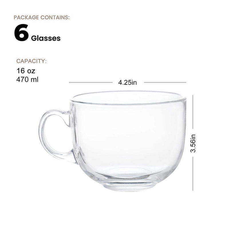 Maredash 16oz Glass Jumbo Mugs With Handle For Coffee, Tea, Soup,Clear Drinking Cup,Set of 6 - Image 3